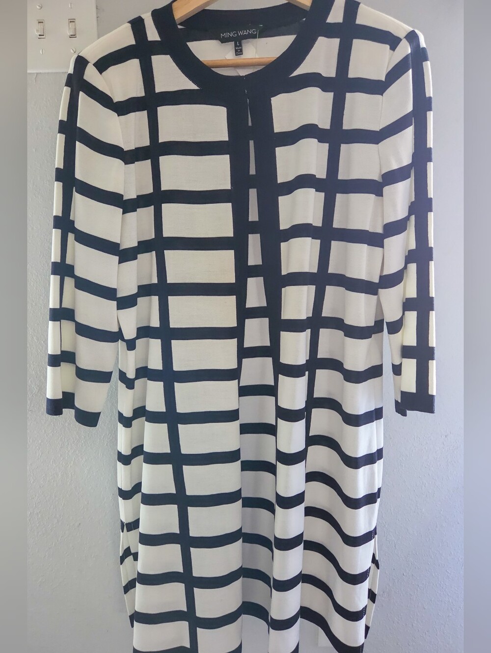 Ming Wang Black White Windowpane Grid Knit Longline Open Front Jacket Size L